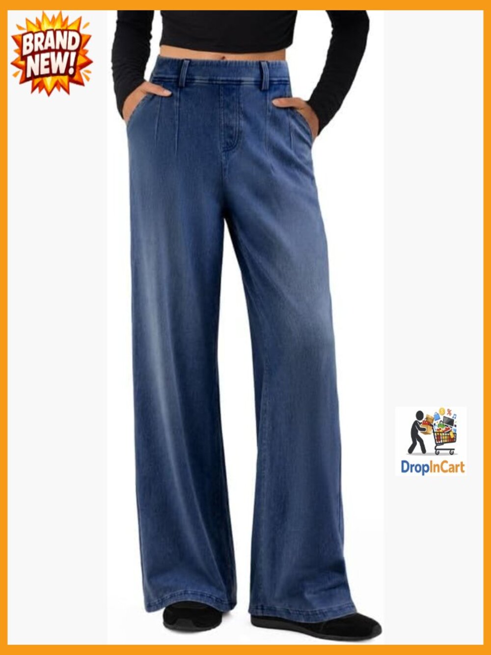 Wide Leg Sweatpant Jean Stretchy High Waisted Pull On Baggy Denim 4 Pockets